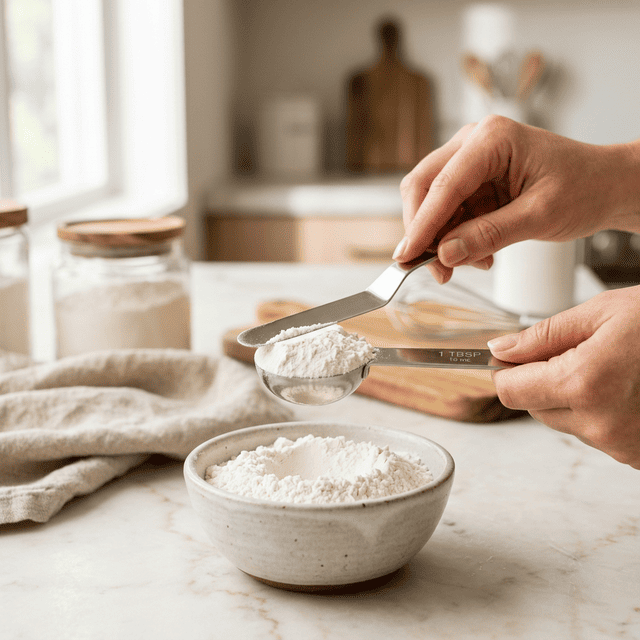 正確に計量スプーンですりきり一杯を測る様子