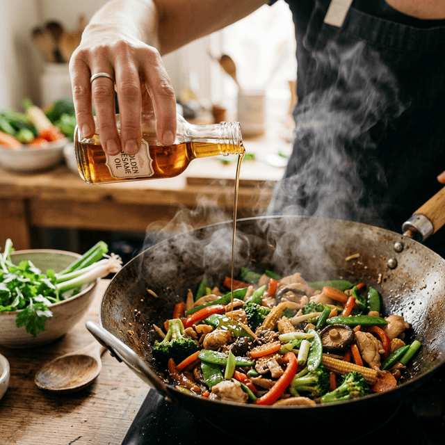 仕上げにごま油を回しかける瞬間
