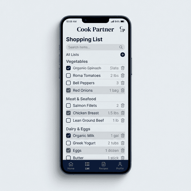 CookPartnerアプリで自動生成された、売り場カテゴリ別の買い物リスト画面イメージ