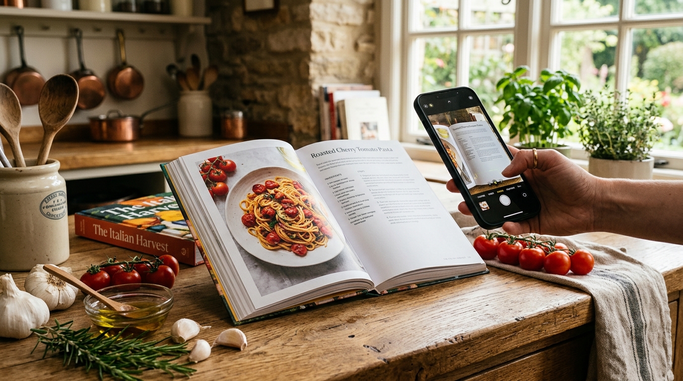木目調のダイニングテーブルの上で開かれた料理本とお気に入りのレシピ切り抜きをスマートフォンで撮影しデジタルデータとして美しく整理する様子