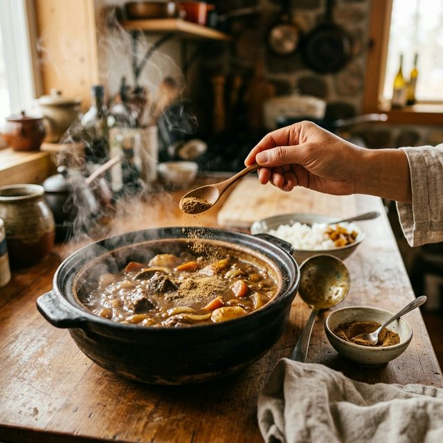 湯気が立ち上る本格的なカレーに、最後の仕上げとしてガラムマサラが振りかけられているシーン。