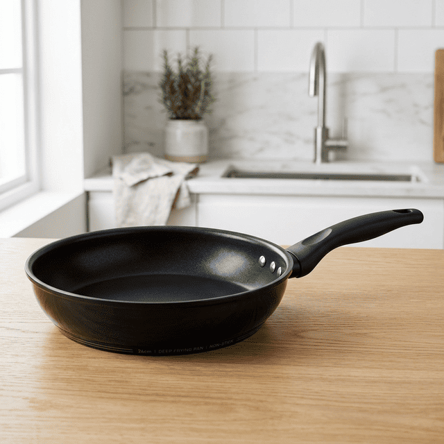 深型の26cmフライパン。焼く・炒めるだけでなく、煮る・茹でるもこなせる万能な形状で、油跳ねも少ない。