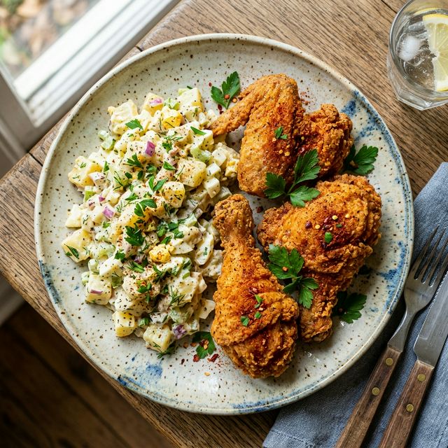 ガラムマサラを振りかけたポテトサラダとお洒落な唐揚げが並ぶ、カフェのデリのような食卓。