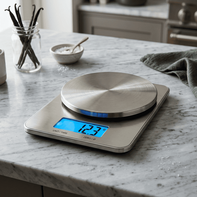 0.1g単位で計量可能なデジタルスケール。調味料を正確に測ることで、料理の再現性が飛躍的に高まる。