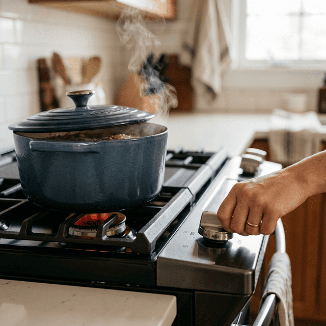 落ち着いてコンロの火を止める様子