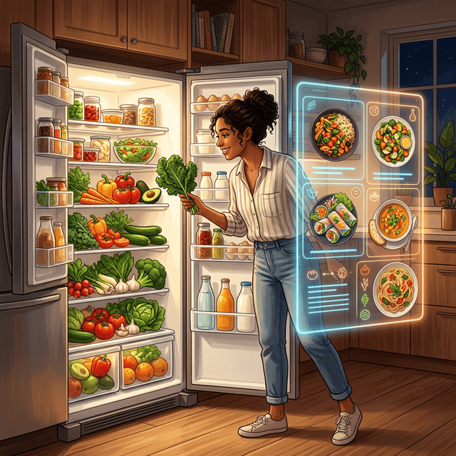 手持ちの食材を入力して、保存済みレシピから作れるメニューを検索しているスマートフォンの操作画面