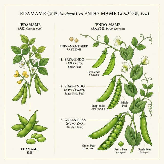 エンドウ豆の3つの形態（サヤエンドウ、スナップエンドウ、グリンピース）の違いと収穫時期の差を分かりやすく示した比較図。