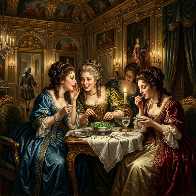 17世紀フランス、ヴェルサイユ宮殿にて豪華な衣装に身を包んだ貴族たちが、当時希少だった初物のグリンピースを競うように楽しんでいる歴史的なイメージ画像。