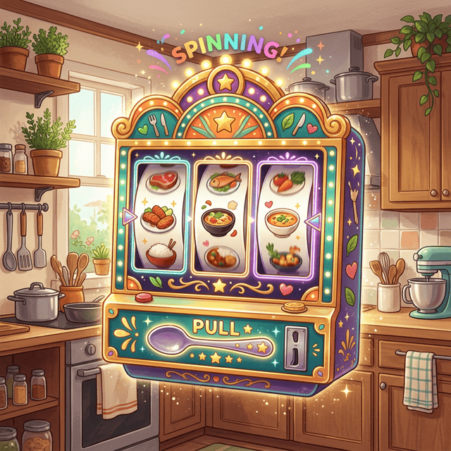 スロットマシンのようにランダムに3品の献立セットが選ばれるメニューガチャ機能のイメージ