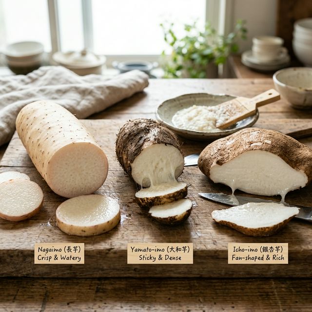 長芋、大和芋、いちょう芋の比較イメージ