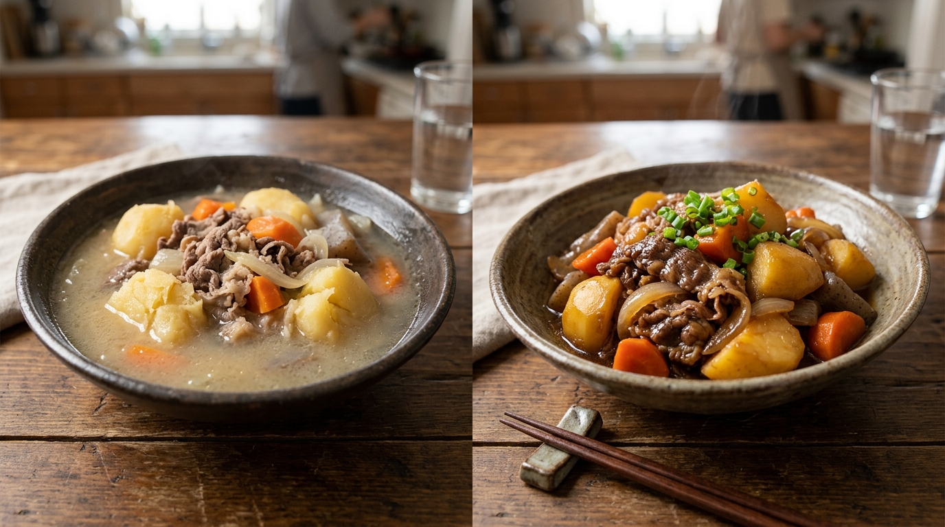 肉じゃがの分量スケーリング比較写真：左は単純2倍で煮汁過多・煮崩れを起こした失敗例、右は水分75％補正で照りと味染みが完璧な成功例