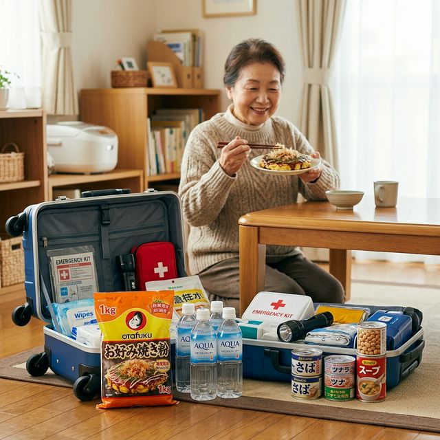 非常用持ち出し袋の横に置かれたお好み焼き粉とカセットコンロ。防災食としての有用性を表現。
