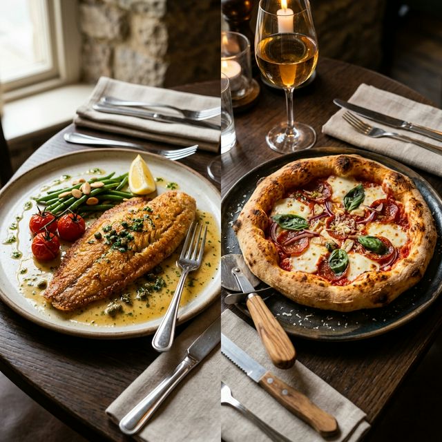 黄金色のムニエルと、ふっくら焼き上がったピザ。お好み焼き粉の多目的利用シーンを表現。