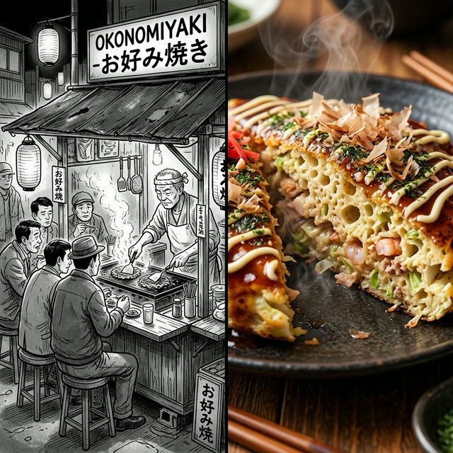 戦後の屋台の風景と、断面がふっくらした現代のお好み焼きの対比イメージ。歴史から科学への進化を表現。