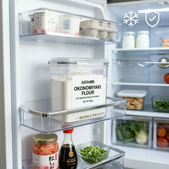 冷蔵庫の中で密閉容器に入れられたお好み焼き粉。ダニの侵入を防ぐ正しい保管方法の例。