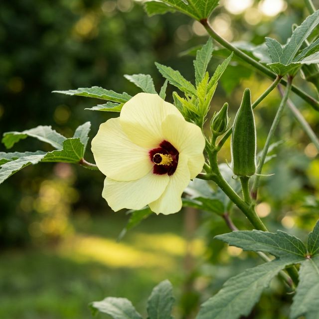 ハイビスカスに似た、クリーム色の美しいオクラの花。