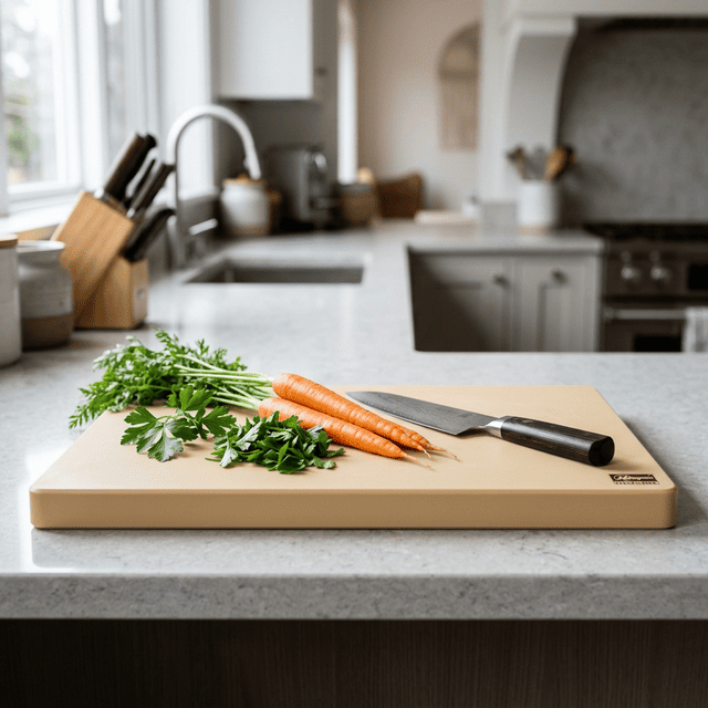 黒色の合成ゴム製まな板。食材が滑りにくく、刃当たりが柔らかいため包丁が傷みにくい。