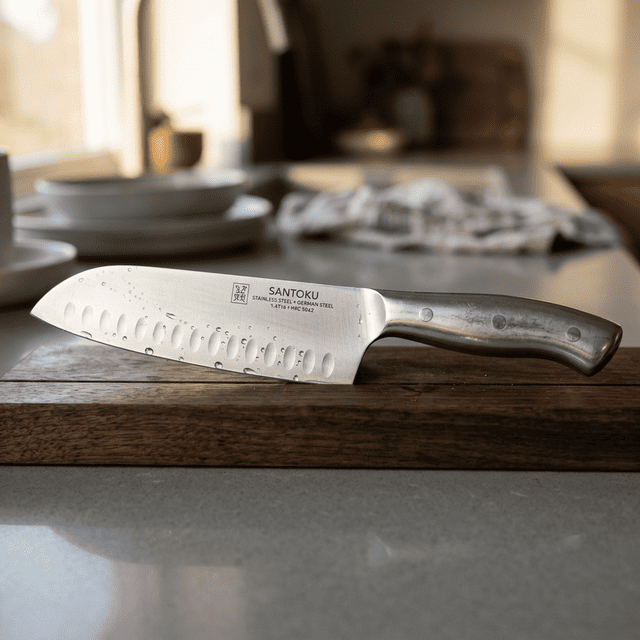 銀色の三徳包丁。肉、魚、野菜のすべてを一本でこなすことができる万能な調理器具。