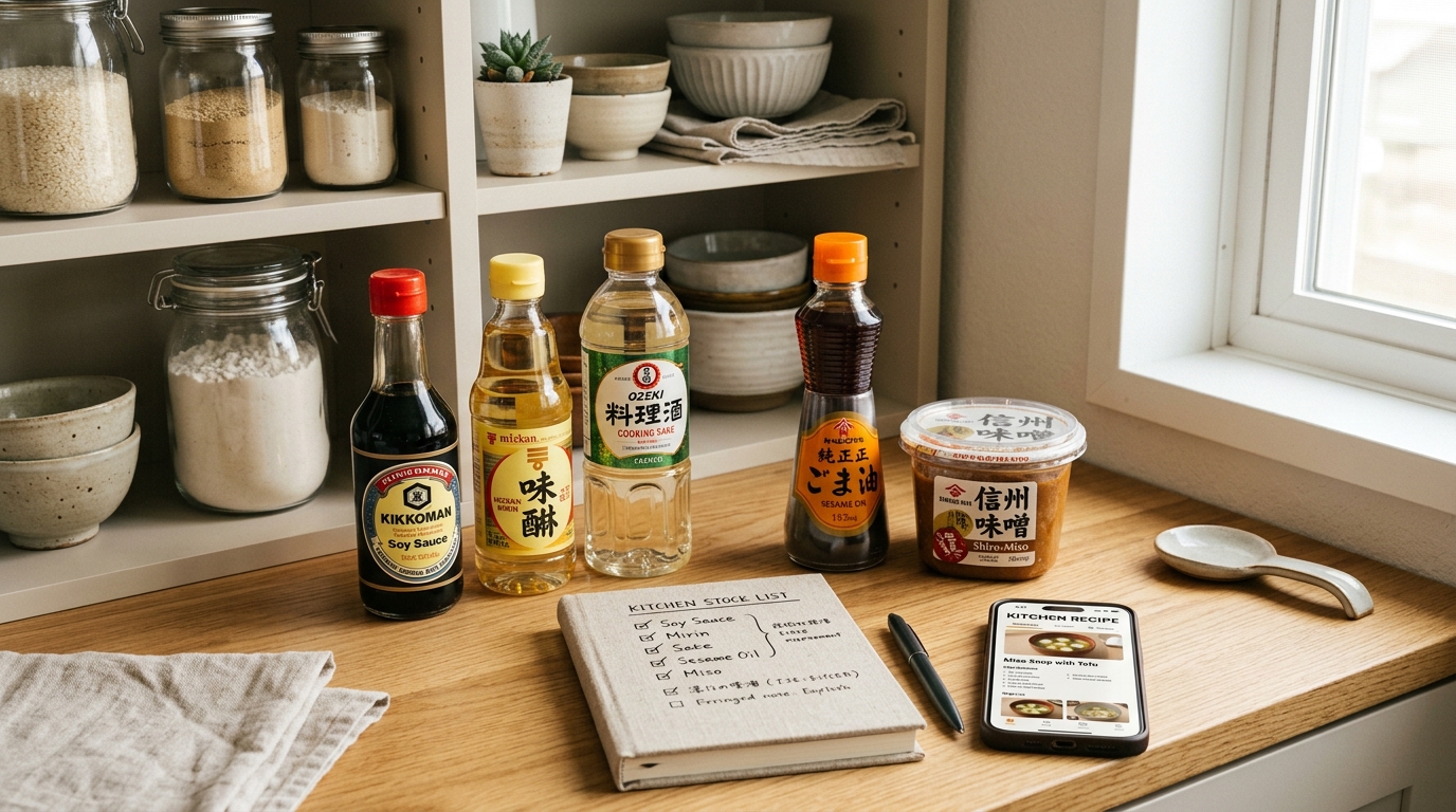 キッチンの棚にきれいに並べられた日本の基本調味料（醤油、みりん、酒、油など）と在庫チェックメモ