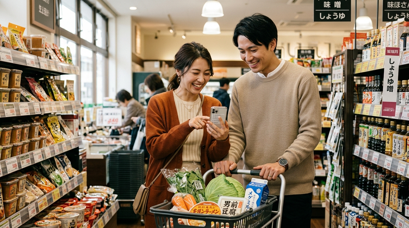 夫婦でスマートフォンを見ながら笑顔でスーパーの買い出しを分担している様子