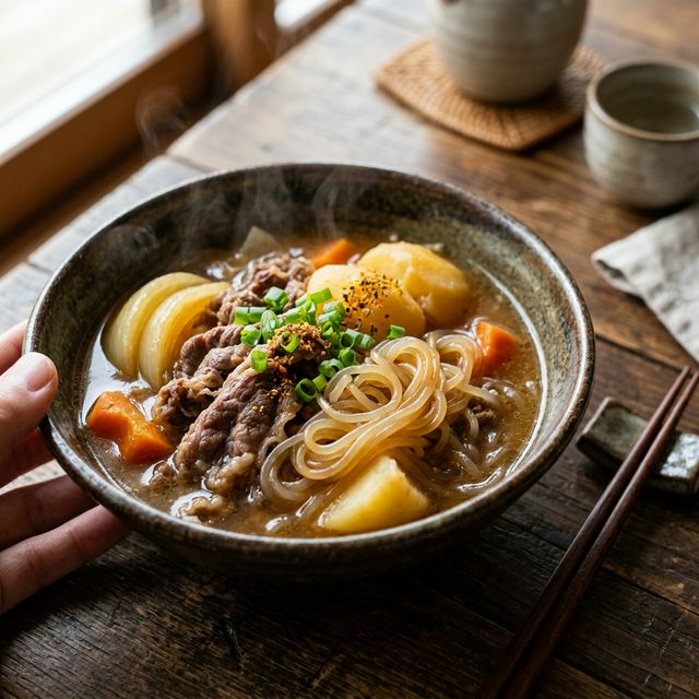 お肉としらたきが仲良く並んだ、湯気立ち上る肉じゃが。味がしっかりと染み込んだ食欲をそそる仕上がり。