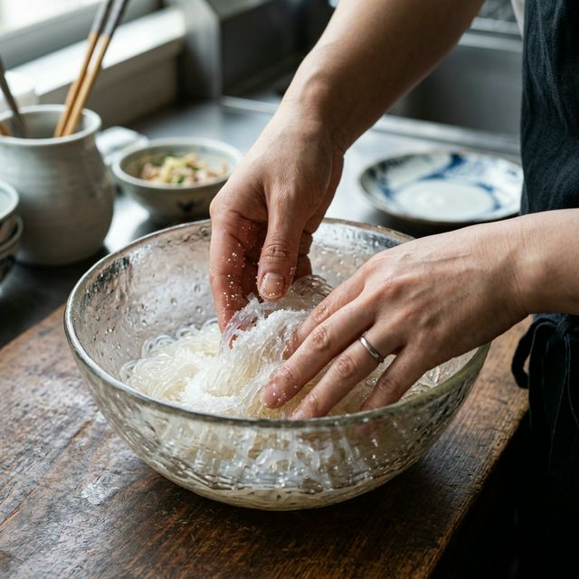 しらたきに砂糖を揉み込み、浸透圧で水分と臭みを抜く調理工程の様子。艶やかな質感が特徴。