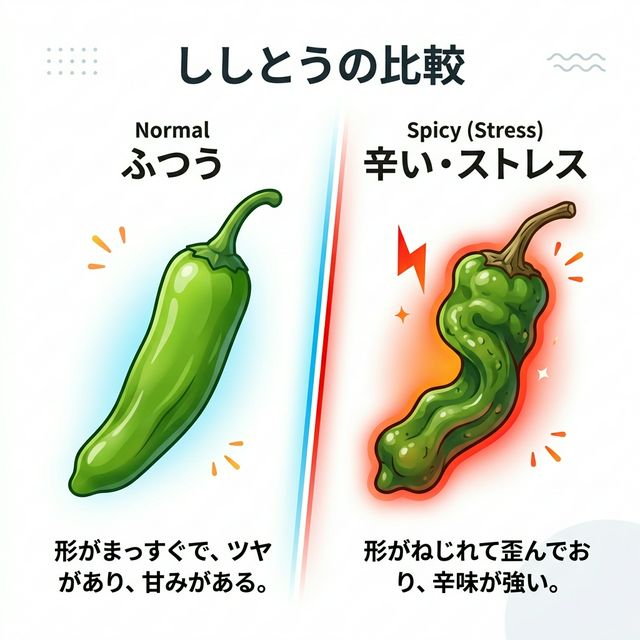 普通のししとうと、ストレスで辛くなった歪んだししとうの比較。ねじれや種の少なさが特徴。
