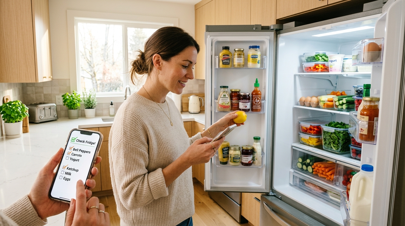 冷蔵庫を開けて中身を確認する様子と、スマホの買い物リストを照らし合わせる清潔な台所の情景