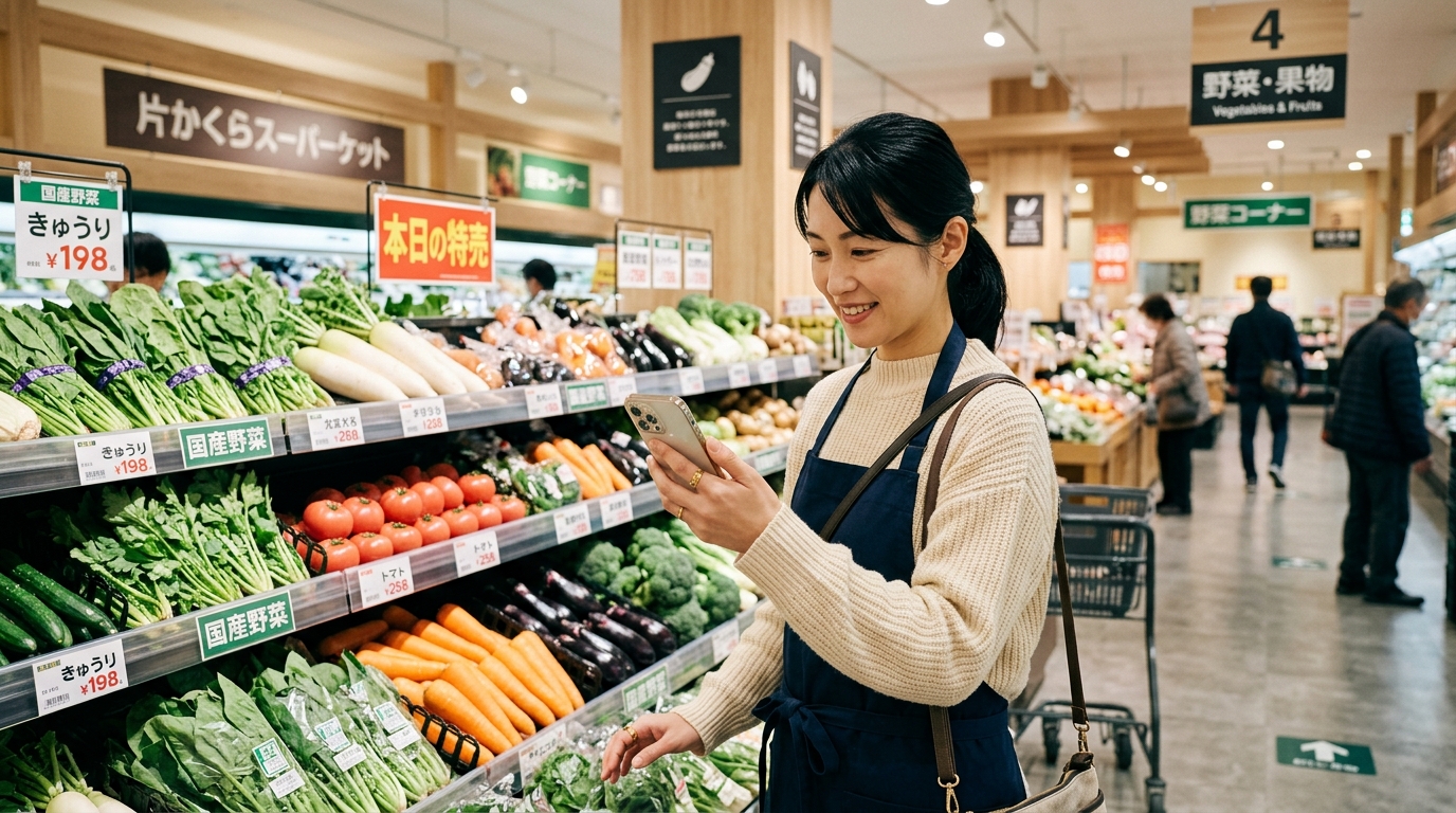 スーパーの店内でスマホの買い物リストを片手に効率よく食材を選ぶ様子