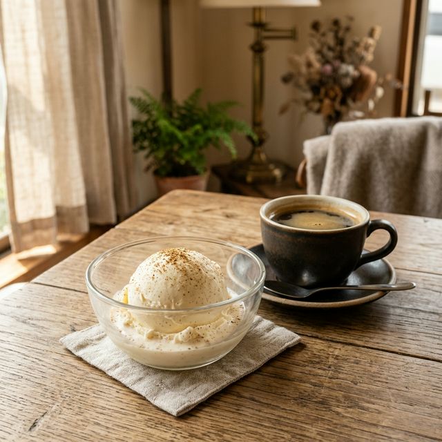 バニラアイスの上にパラリと振りかけられたスパイスと、横に添えられた香気漂うブラックコーヒー。
