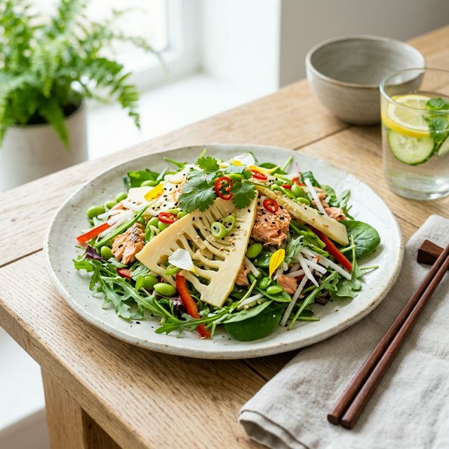 たけのこのサラダと和食。ヘルシーで豊かな食卓。