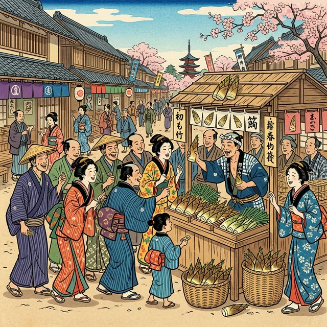 江戸時代の活気ある市場で、初物のたけのこを囲んで盛り上がる人々。浮世絵風の鮮やかな色使い。