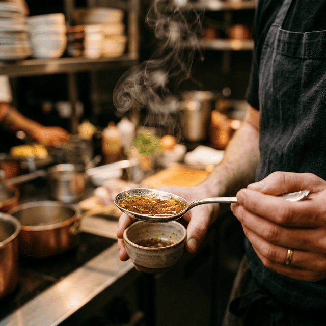 調理中に小皿で味見を確認する様子