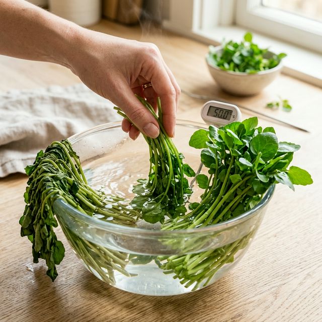 少ししおれたクレソンをお湯に浸すと、みるみるうちに細胞が潤いを取り戻し、ピンと立ちがる様子を捉えた写真。