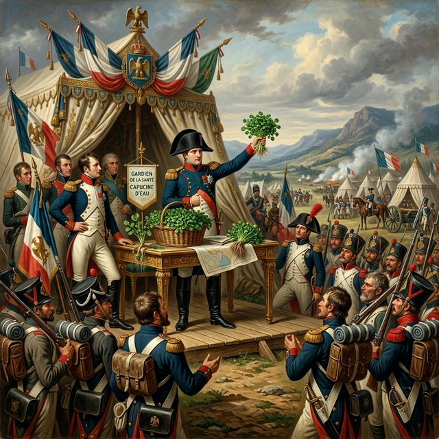 ナポレオンが遠征先でクレソンの栽培を指揮し、兵士たちの健康を守る様子を描いたドラマチックなイメージ画像。