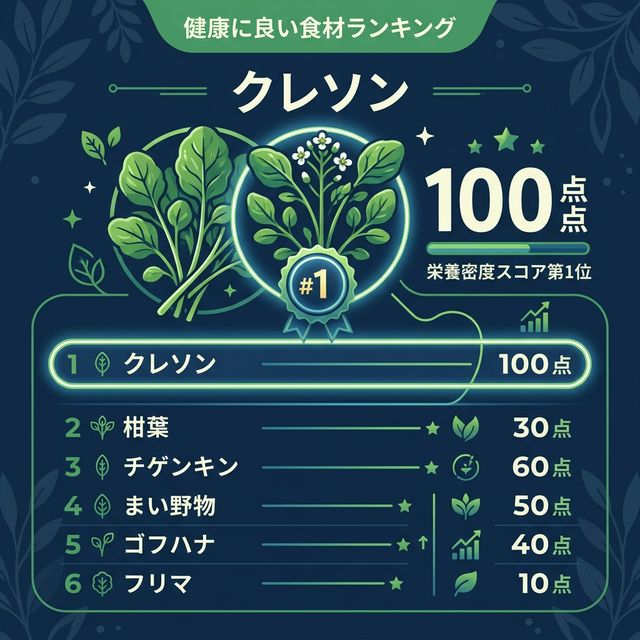 米国CDCの栄養素密度スコアで100点満点を獲得し、1位に輝くクレソンのインフォグラフィック。