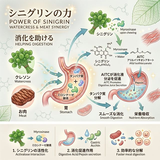 クレソンの辛み成分「シニグリン」が肉の脂の消化を助け、胃もたれを防ぐメカニズムを視覚化した解説図。