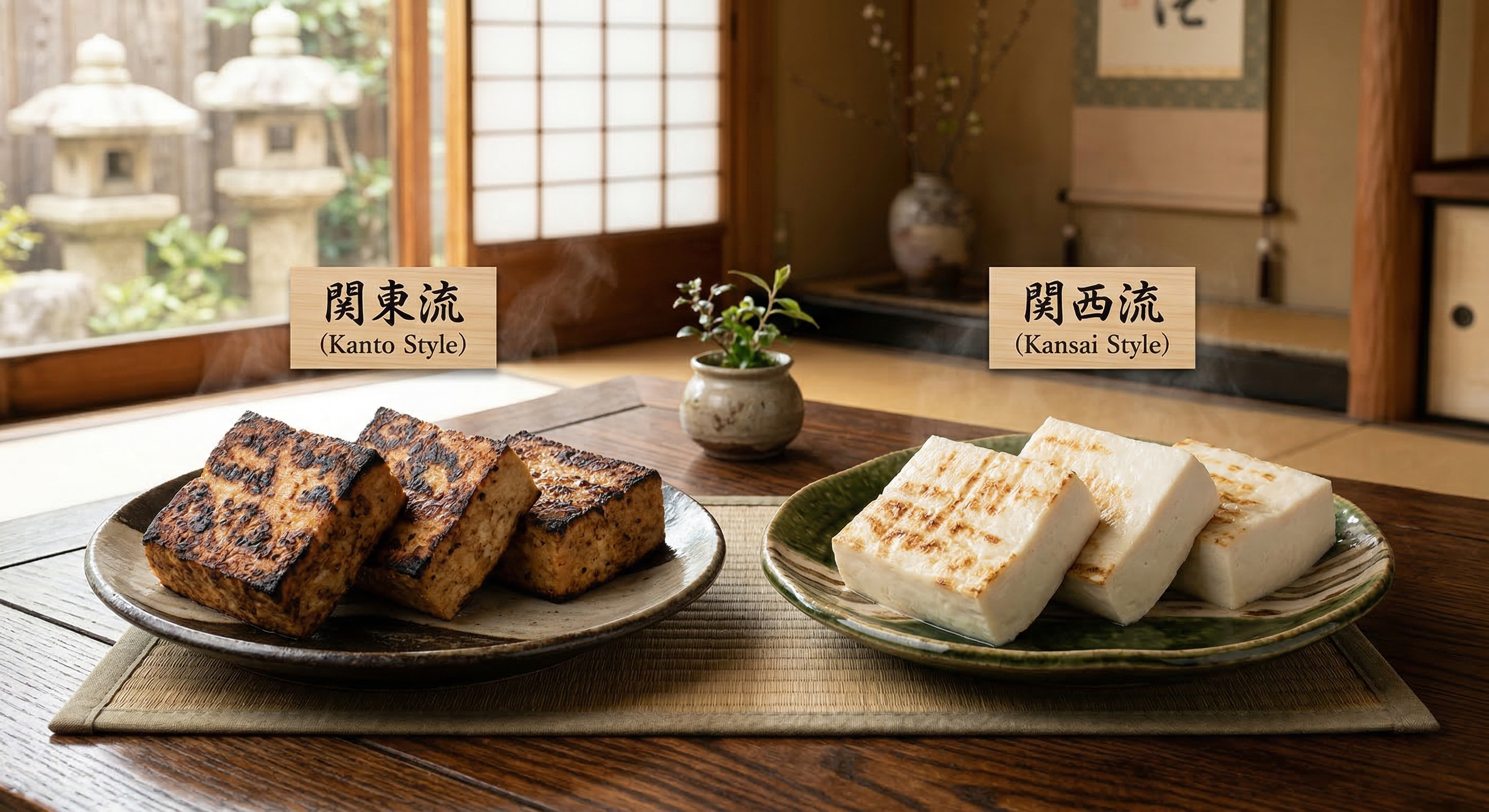 関東流の両面焼き焼き豆腐と、関西流の片面焼き焼き豆腐の比較画像。