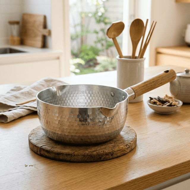 注ぎ口が付いた18cmの雪平鍋。熱伝導が良く、味噌汁やゆで卵作りに最適な伝統的調理器具で、目盛り付き。