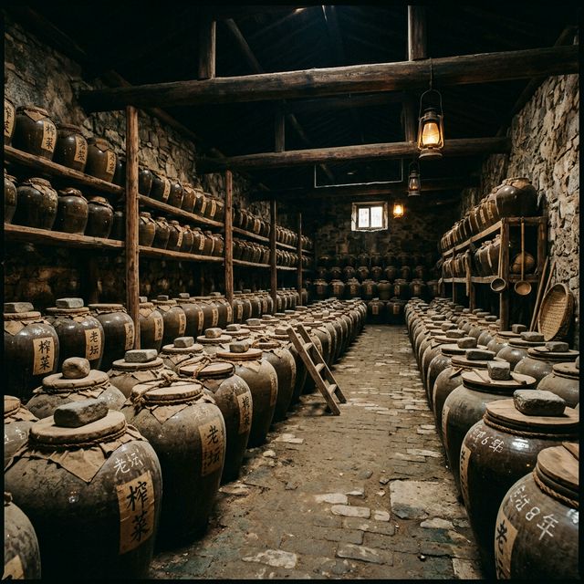 中国の伝統的な発酵蔵に並ぶ、歴史を感じさせる大きな甕のイメージ。