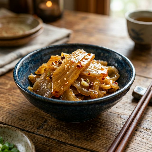 透き通るようなザーサイの薄切りにごま油が輝く、高級感あふれる一皿。