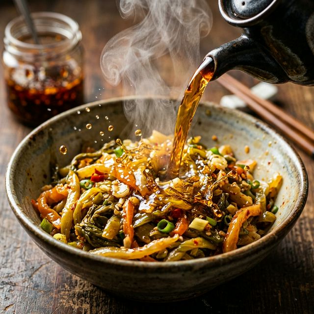 熱したごま油をザーサイにかける瞬間のシズル感溢れるイメージ。