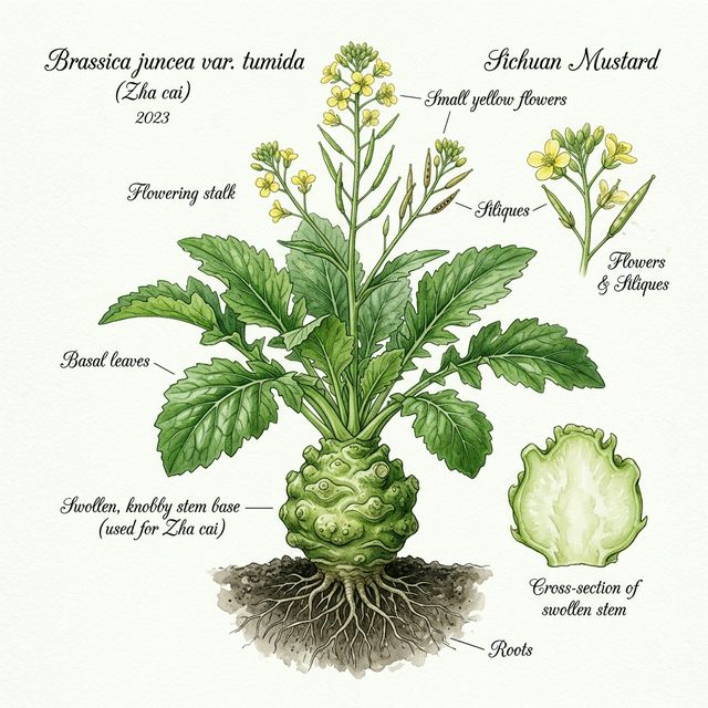 ザーサイの原料である「搾菜瘤」の植物図。茎の節がこぶ状に肥大している様子が分かる。